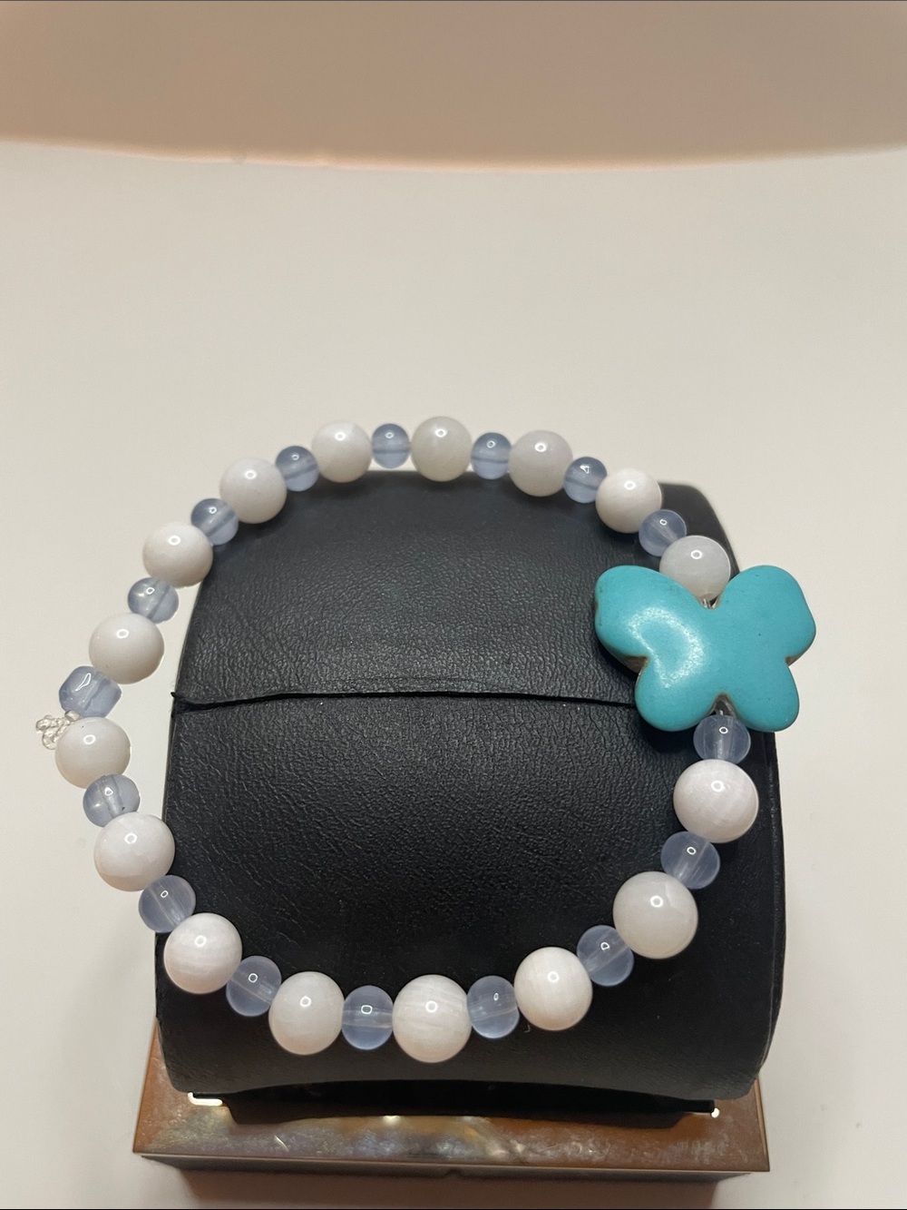 Handmade White & Light Blue Bead Bracelet with Turquoise Butterfly Accent